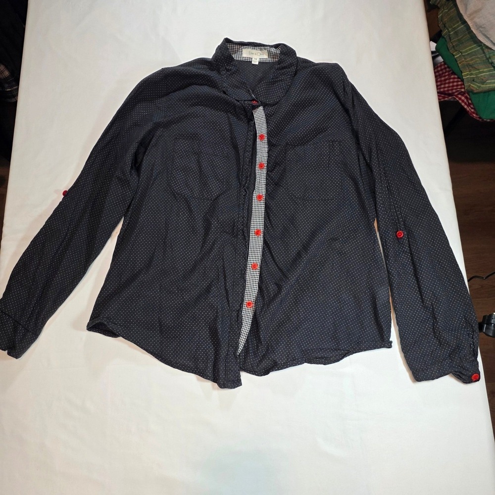 women's Eden and Olivia petite medium black polka dot red button button up